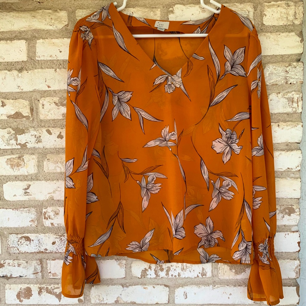 A New Day mustard sheer blouse